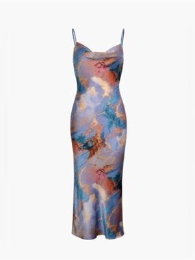 Marble-Print Cowl Neck Midi Dress in Multicolor